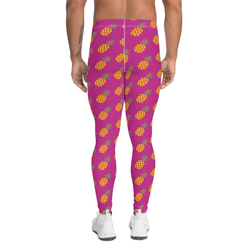 Pink Pineapple Print Men's Leggings, Fun Pineapples Fruits Meggings Tights-Made in USA/EU