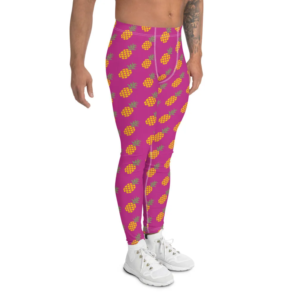 Pink Pineapple Print Men's Leggings, Fun Pineapples Fruits Meggings Tights-Made in USA/EU