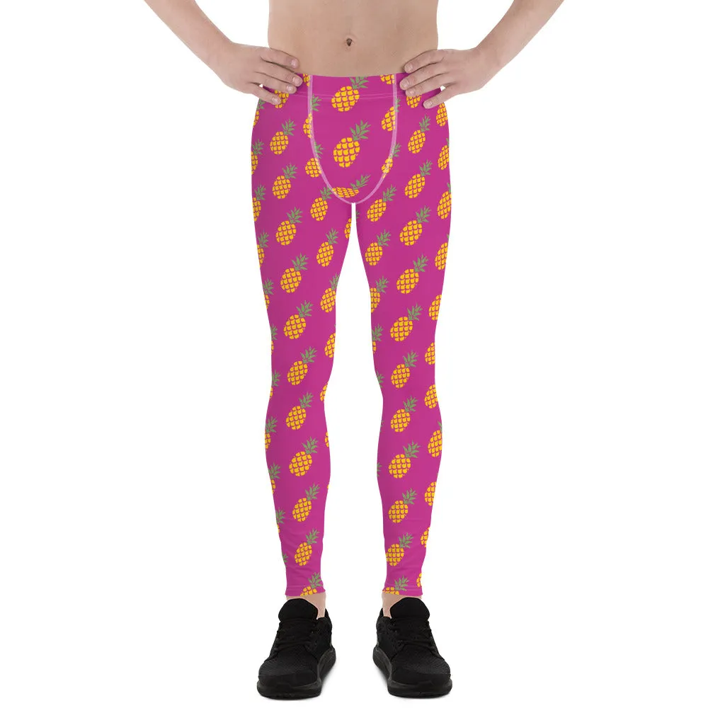 Pink Pineapple Print Men's Leggings, Fun Pineapples Fruits Meggings Tights-Made in USA/EU