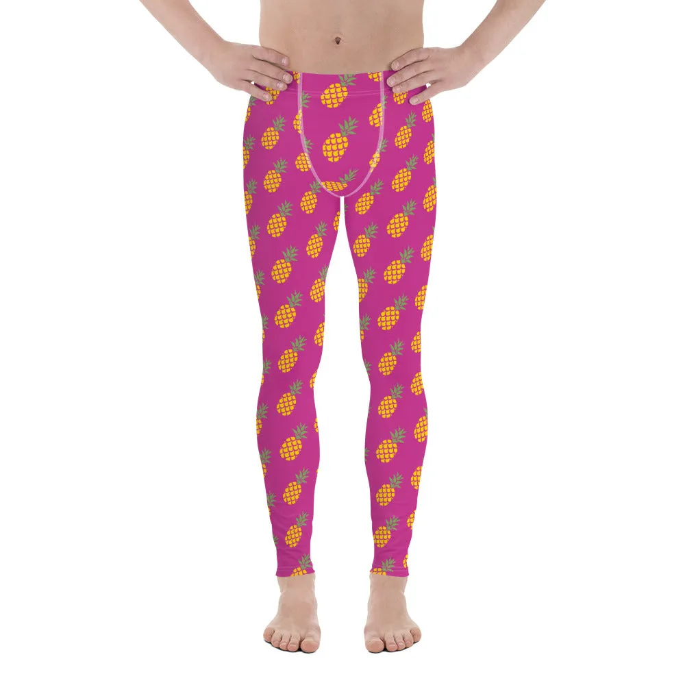 Pink Pineapple Print Men's Leggings, Fun Pineapples Fruits Meggings Tights-Made in USA/EU