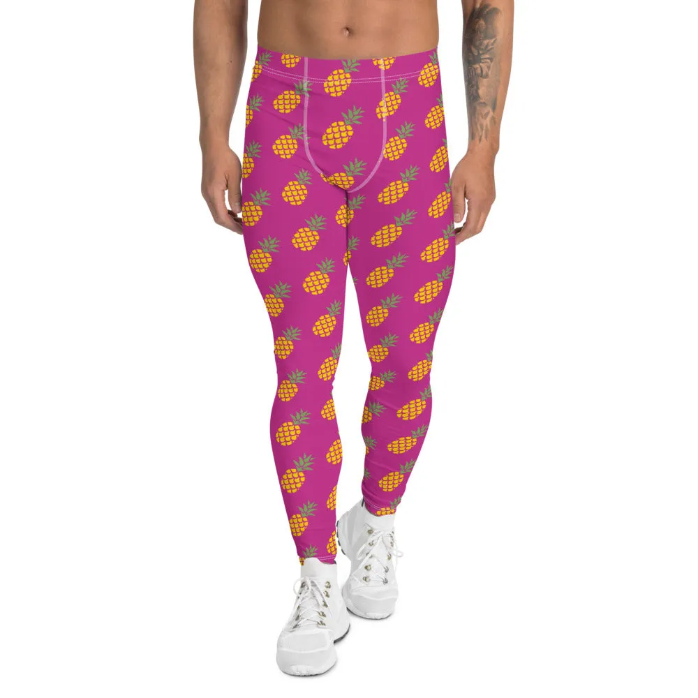 Pink Pineapple Print Men's Leggings, Fun Pineapples Fruits Meggings Tights-Made in USA/EU