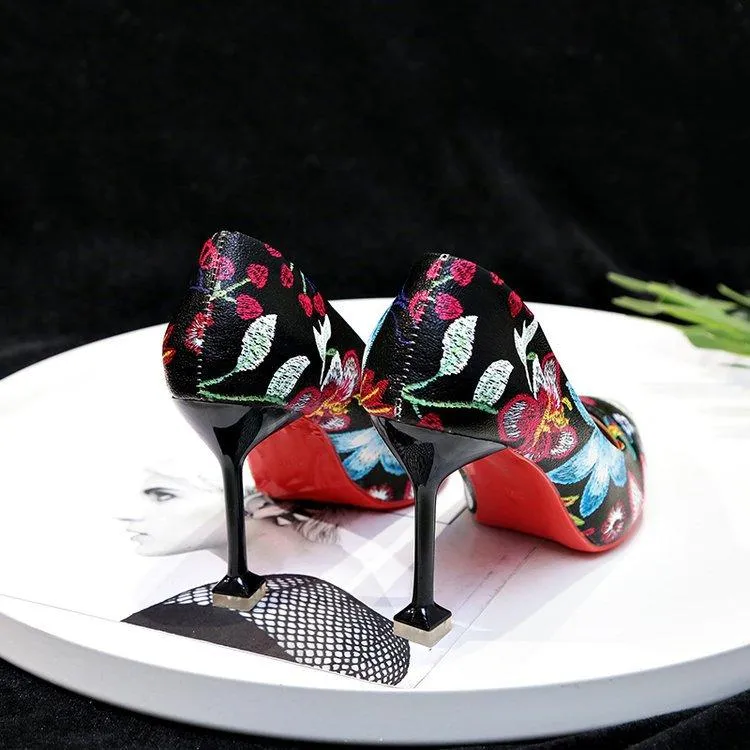 Pointed Heels High Heel Stiletto Flowers Retro Embroidery Shoes