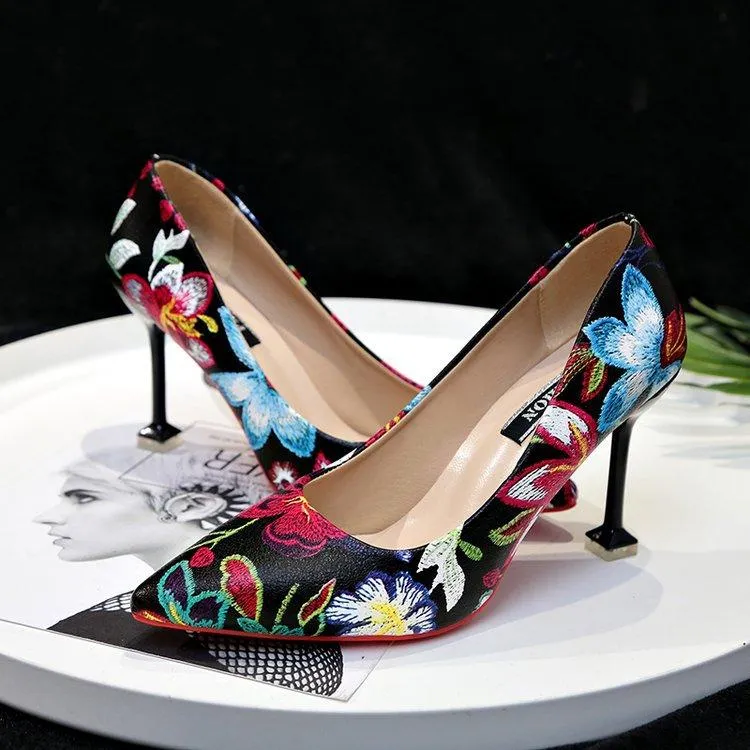 Pointed Heels High Heel Stiletto Flowers Retro Embroidery Shoes