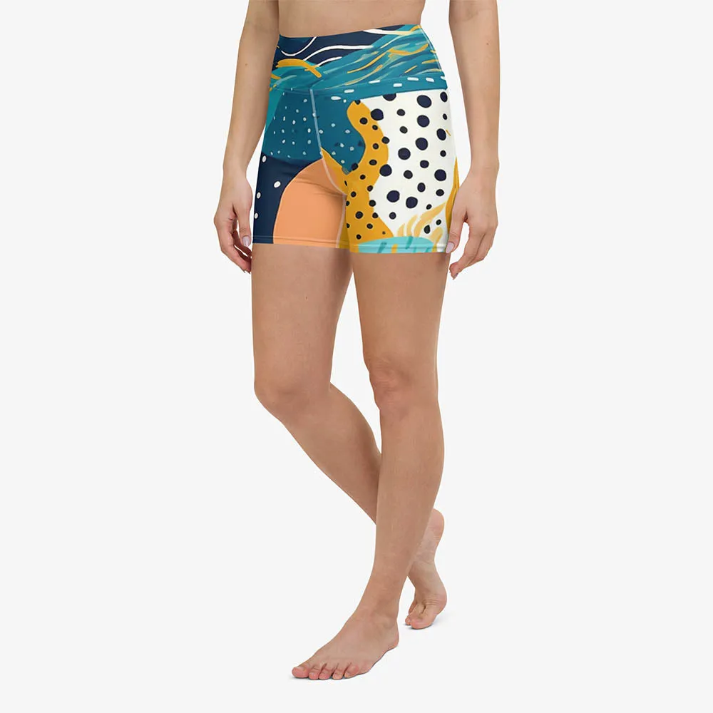 Printed Yoga Shorts "Seascape" Turquoise/Blue/Yellow