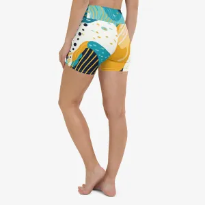 Printed Yoga Shorts "Seascape" Turquoise/Blue/Yellow