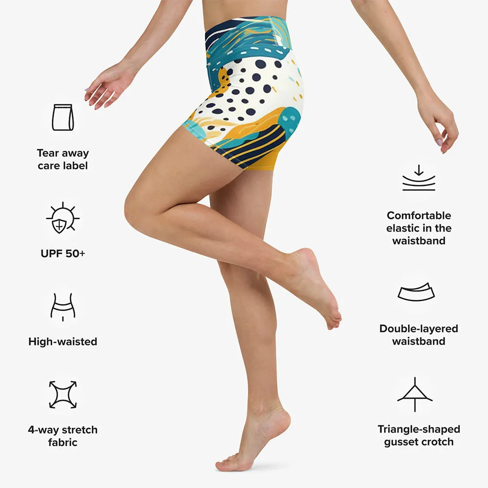 Printed Yoga Shorts "Seascape" Turquoise/Blue/Yellow