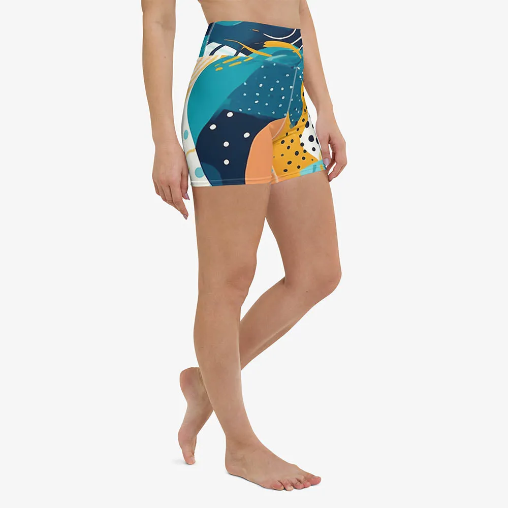 Printed Yoga Shorts "Seascape" Turquoise/Blue/Yellow