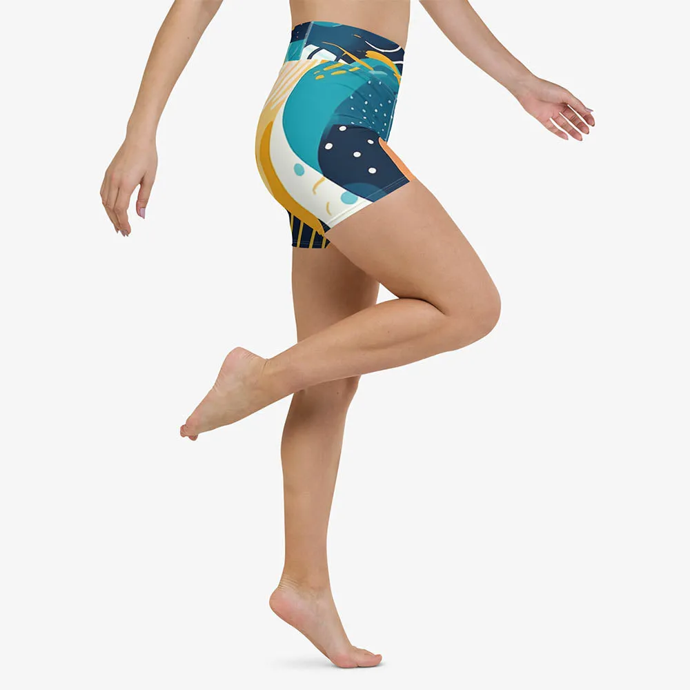 Printed Yoga Shorts "Seascape" Turquoise/Blue/Yellow