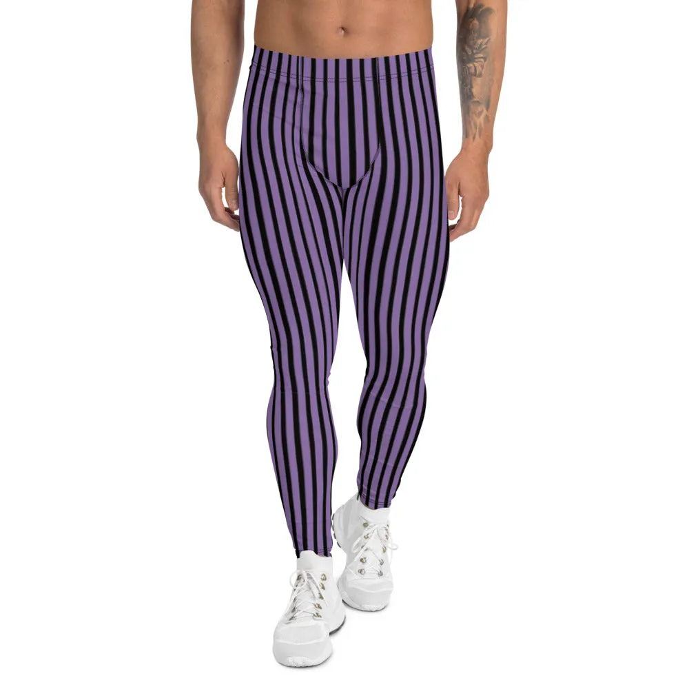 Purple Striped Men's Leggings, Vertically Stripes Circus Meggings Running Tights-Made in USA/EU