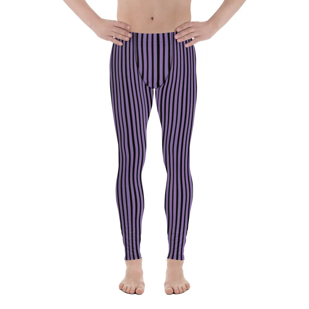 Purple Striped Men's Leggings, Vertically Stripes Circus Meggings Running Tights-Made in USA/EU