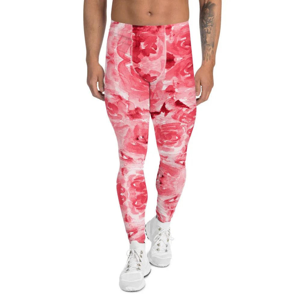 Red Floral Print Men's Leggings, Abstract Rose Meggings Compression Tights-Made in USA/EU