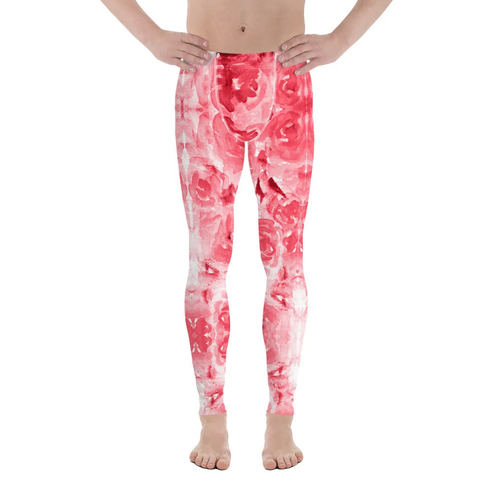 Red Floral Print Men's Leggings, Abstract Rose Meggings Compression Tights-Made in USA/EU