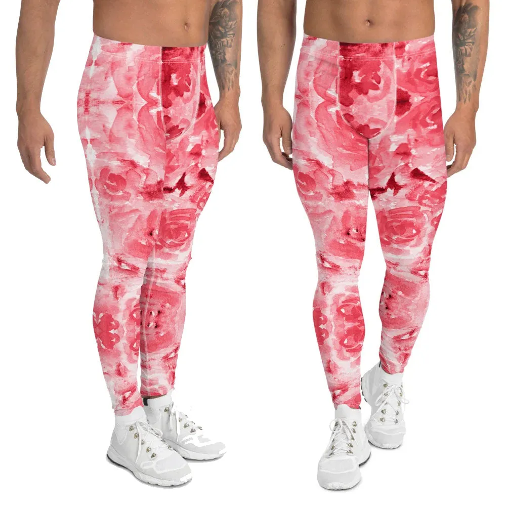 Red Floral Print Men's Leggings, Abstract Rose Meggings Compression Tights-Made in USA/EU