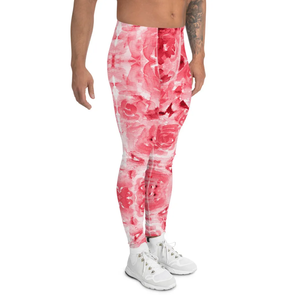 Red Floral Print Men's Leggings, Abstract Rose Meggings Compression Tights-Made in USA/EU