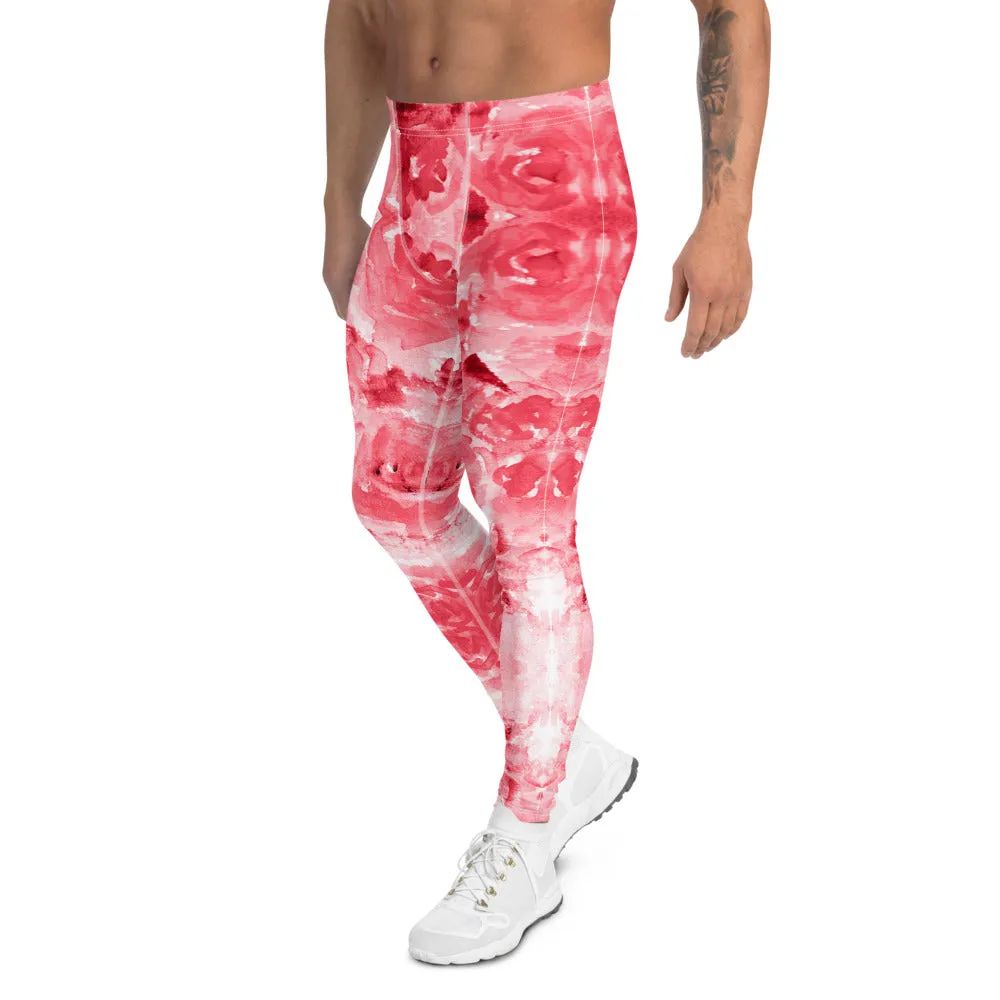 Red Floral Print Men's Leggings, Abstract Rose Meggings Compression Tights-Made in USA/EU