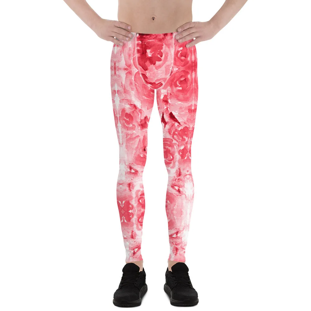 Red Floral Print Men's Leggings, Abstract Rose Meggings Compression Tights-Made in USA/EU