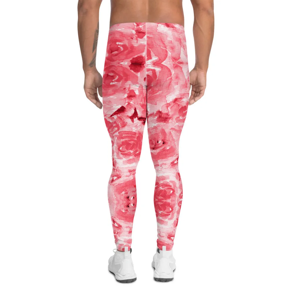 Red Floral Print Men's Leggings, Abstract Rose Meggings Compression Tights-Made in USA/EU