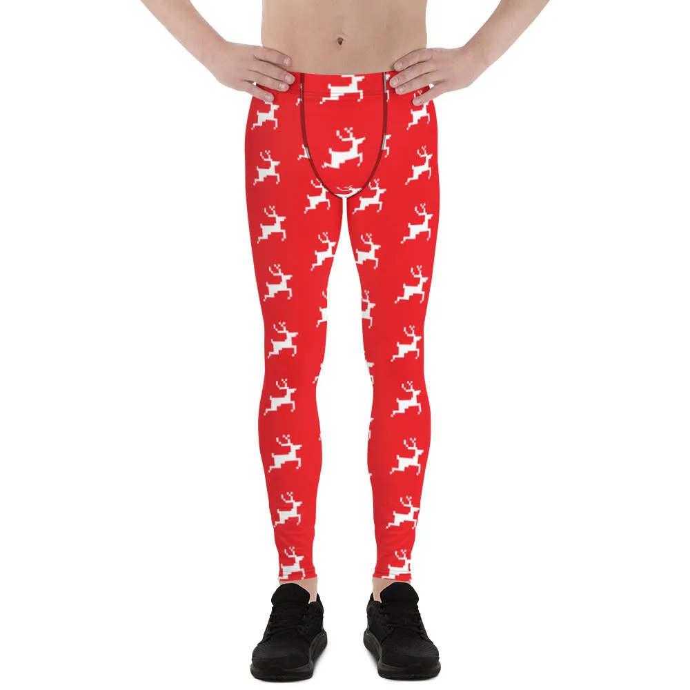 Red Reindeer Christmas Men's Leggings, Red & White Xmas Designer Men's Leggings-Made in USA/MX/EU