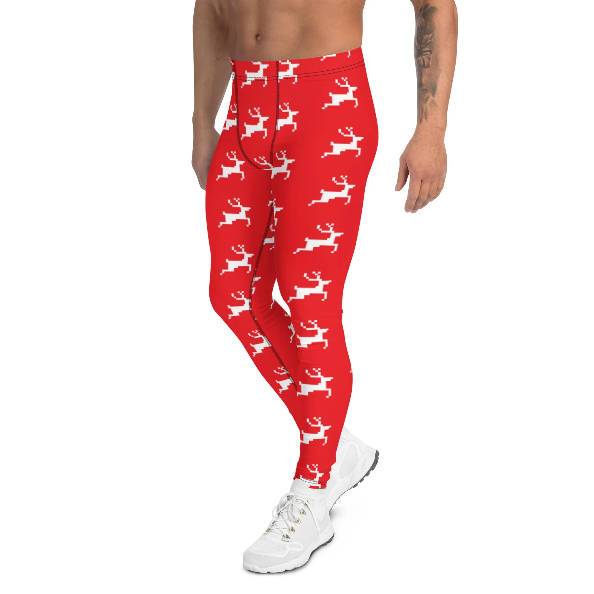 Red Reindeer Christmas Men's Leggings, Red & White Xmas Designer Men's Leggings-Made in USA/MX/EU