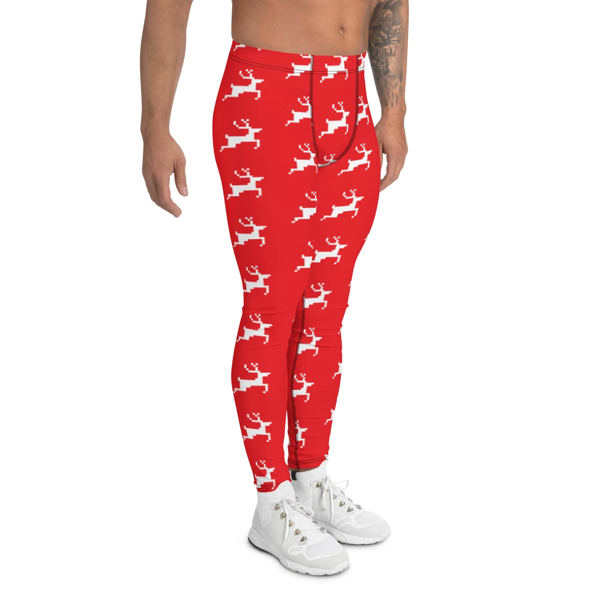 Red Reindeer Christmas Men's Leggings, Red & White Xmas Designer Men's Leggings-Made in USA/MX/EU