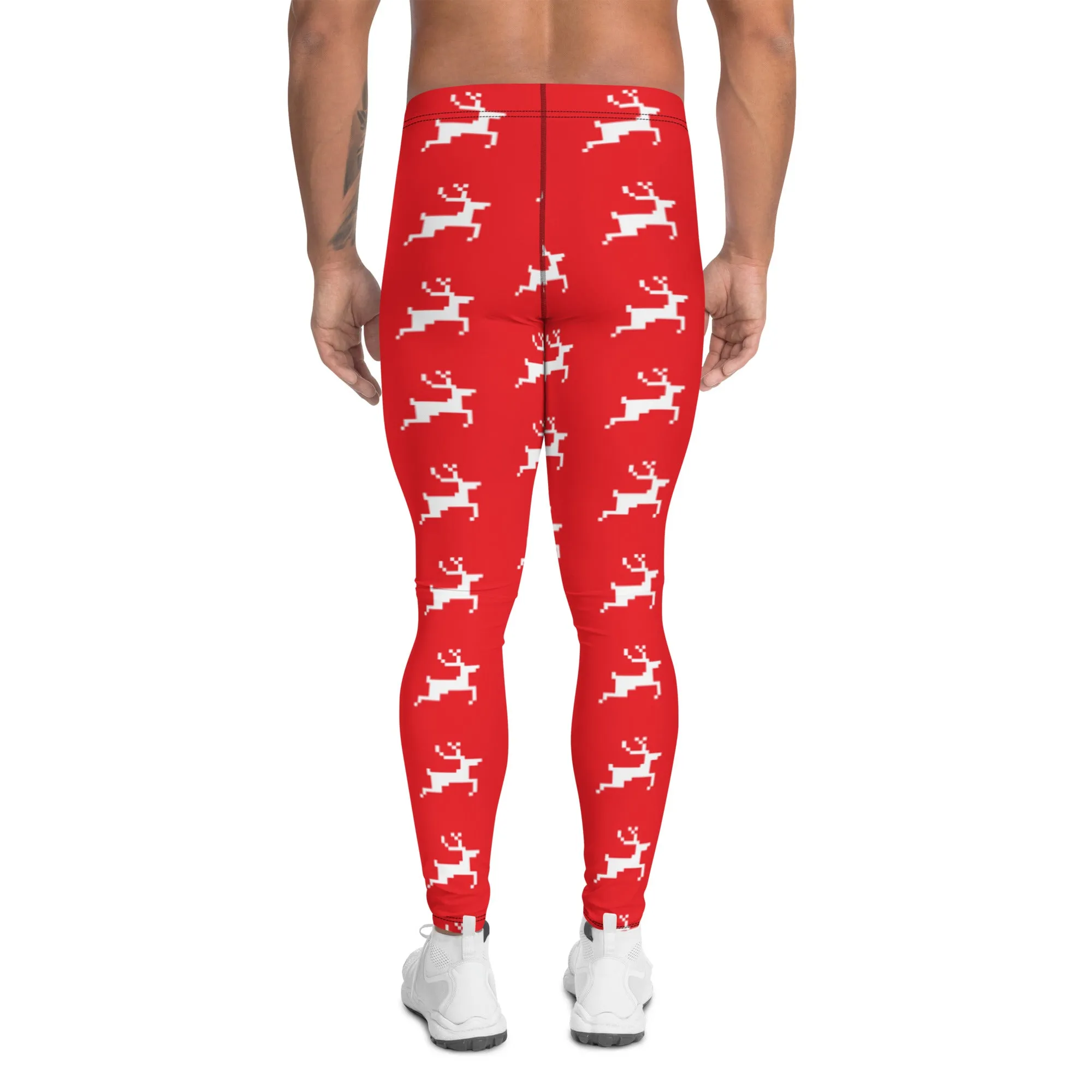 Red Reindeer Christmas Men's Leggings, Red & White Xmas Designer Men's Leggings-Made in USA/MX/EU