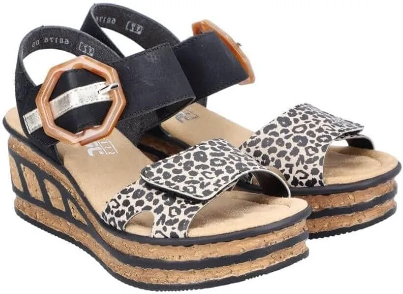 Rieker Womens Black Leopard Print Wedge Sandal