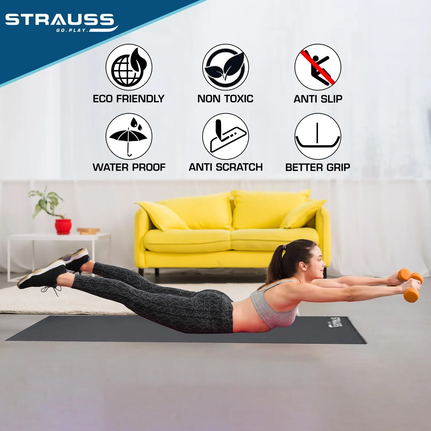 Strauss Yoga Mat, 6mm, (Dark Grey)