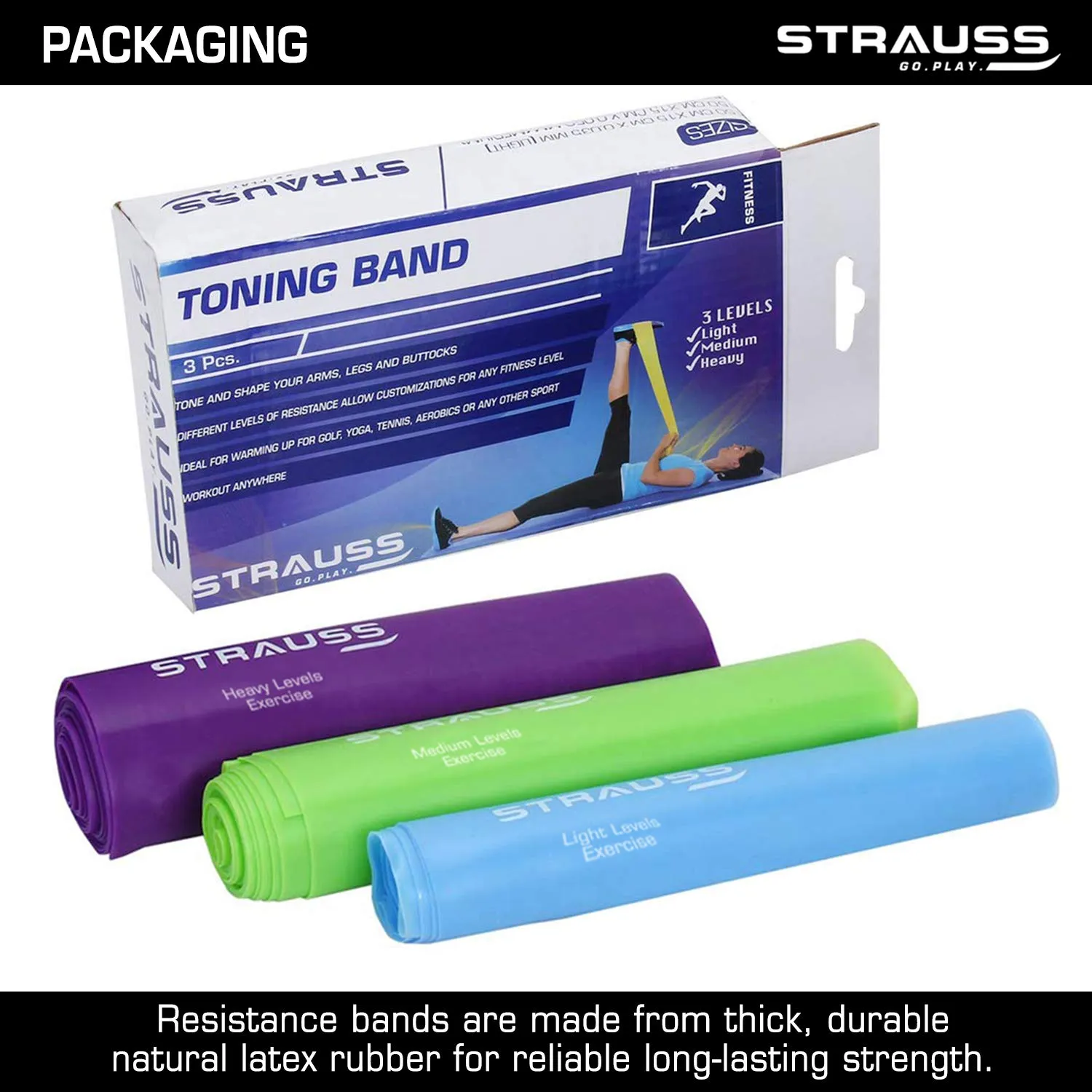 Strauss Yoga Resistance Thera Bands | Smell-Free & Skin Friendly | Useful for Hips, Arms & Legs Workouts. Tear Resistant & Anti-Slip | Theraband for Fitness & Toning,Pack of 3 (Multicolor)