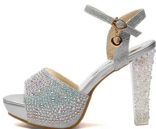 Thick High Heel Ankle Wrap Open The Toe Women Summer Crystal Sandal Bridal Shoes