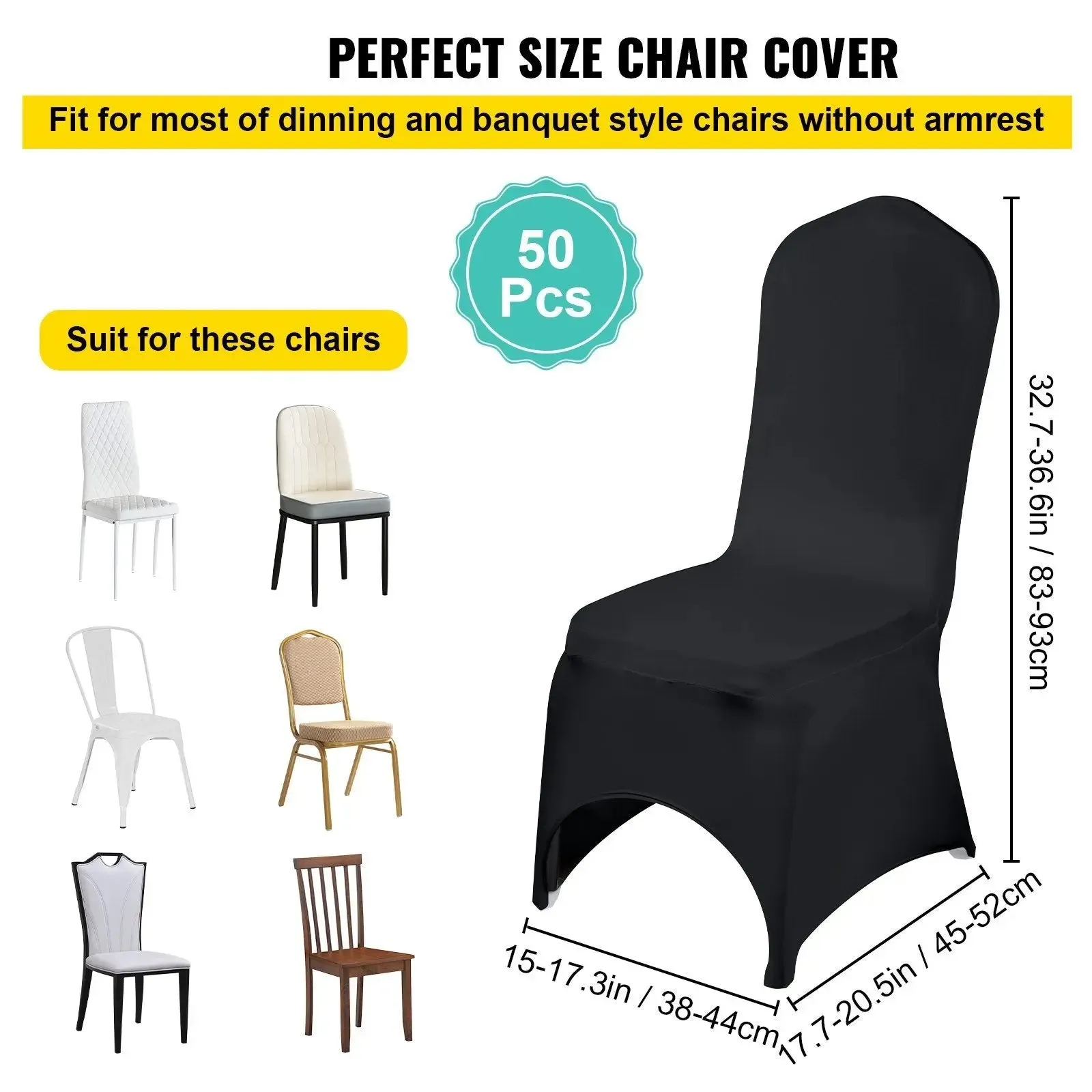 VEVOR 50 Pcs Black Chair Covers Polyester Spandex Stretch Slipcovers for Wedding Party Dining Banquet Arched-Front Chair Covers