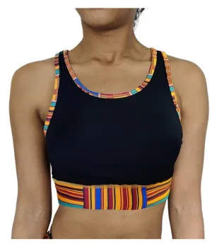 Washoge Alfina Black w- Kente African Print Sports Bra for Women