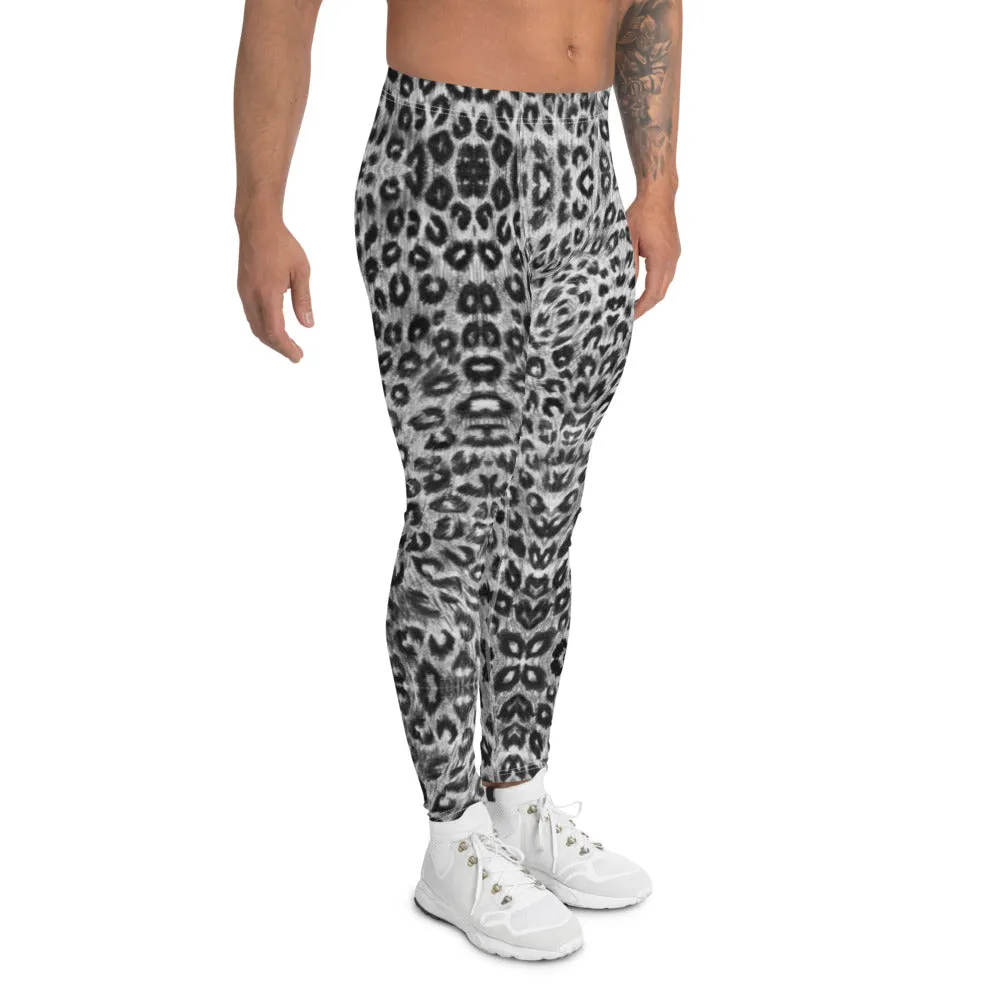 White Leopard Men's Leggings, Black Animal Print Meggings Compression Tights-Made in USA/EU