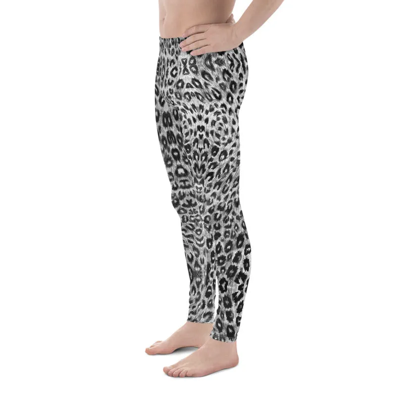 White Leopard Men's Leggings, Black Animal Print Meggings Compression Tights-Made in USA/EU