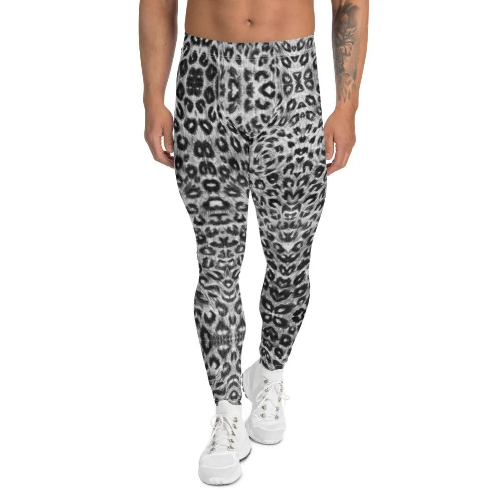 White Leopard Men's Leggings, Black Animal Print Meggings Compression Tights-Made in USA/EU