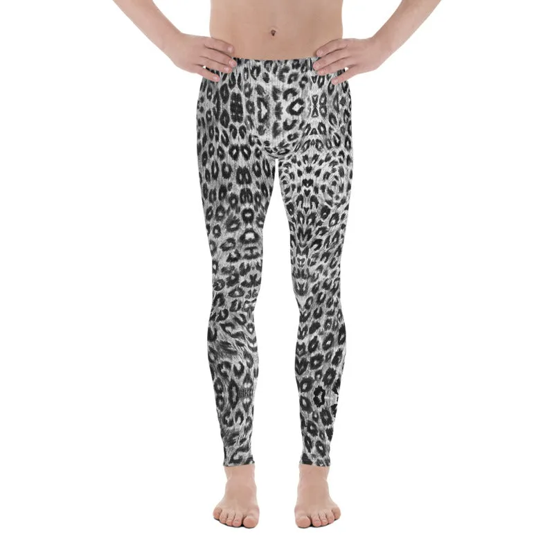 White Leopard Men's Leggings, Black Animal Print Meggings Compression Tights-Made in USA/EU