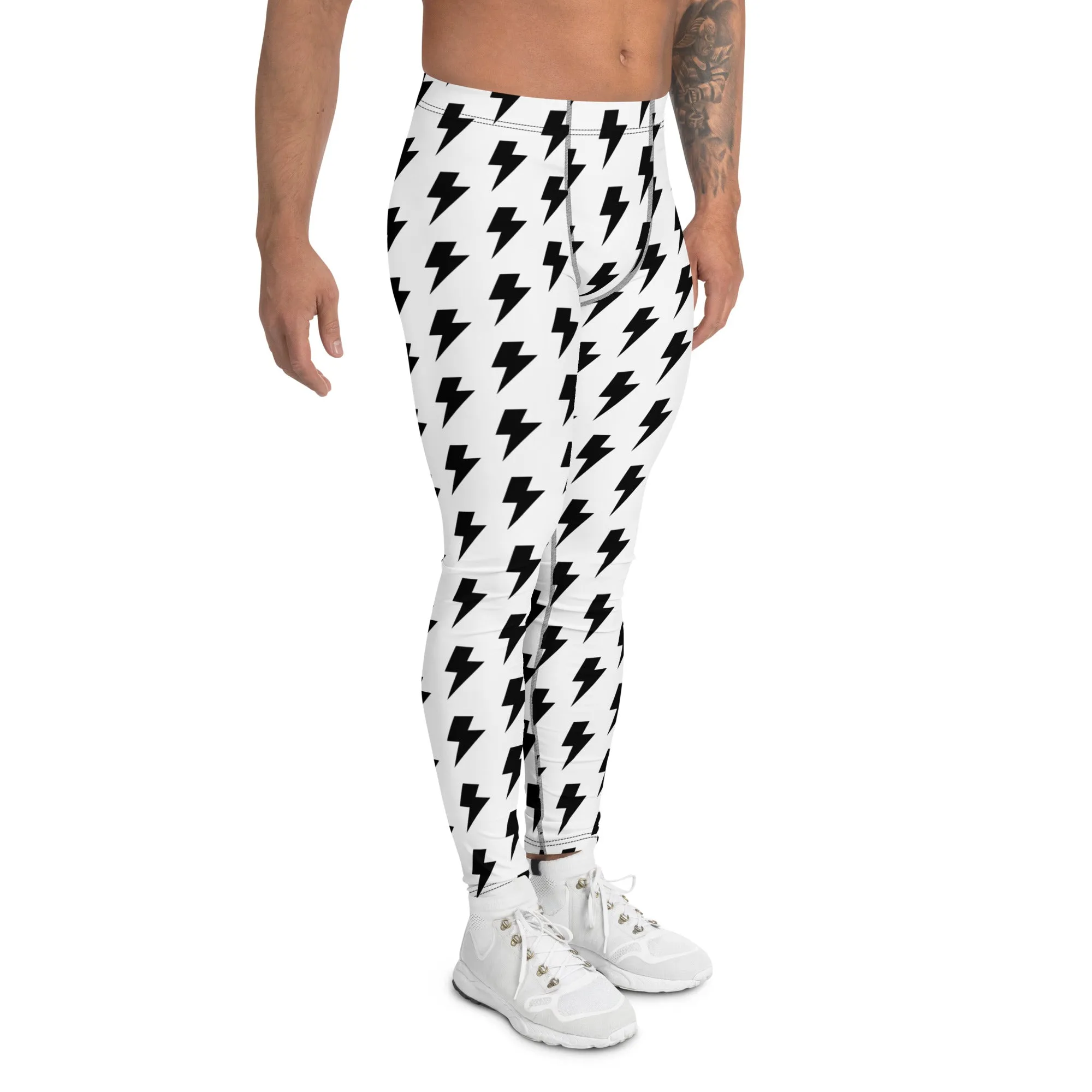 White Lightning Men's Leggings, Lightning Pattern Abstract Designer Running Compression Tights For Men - Made in USA/EU/MX