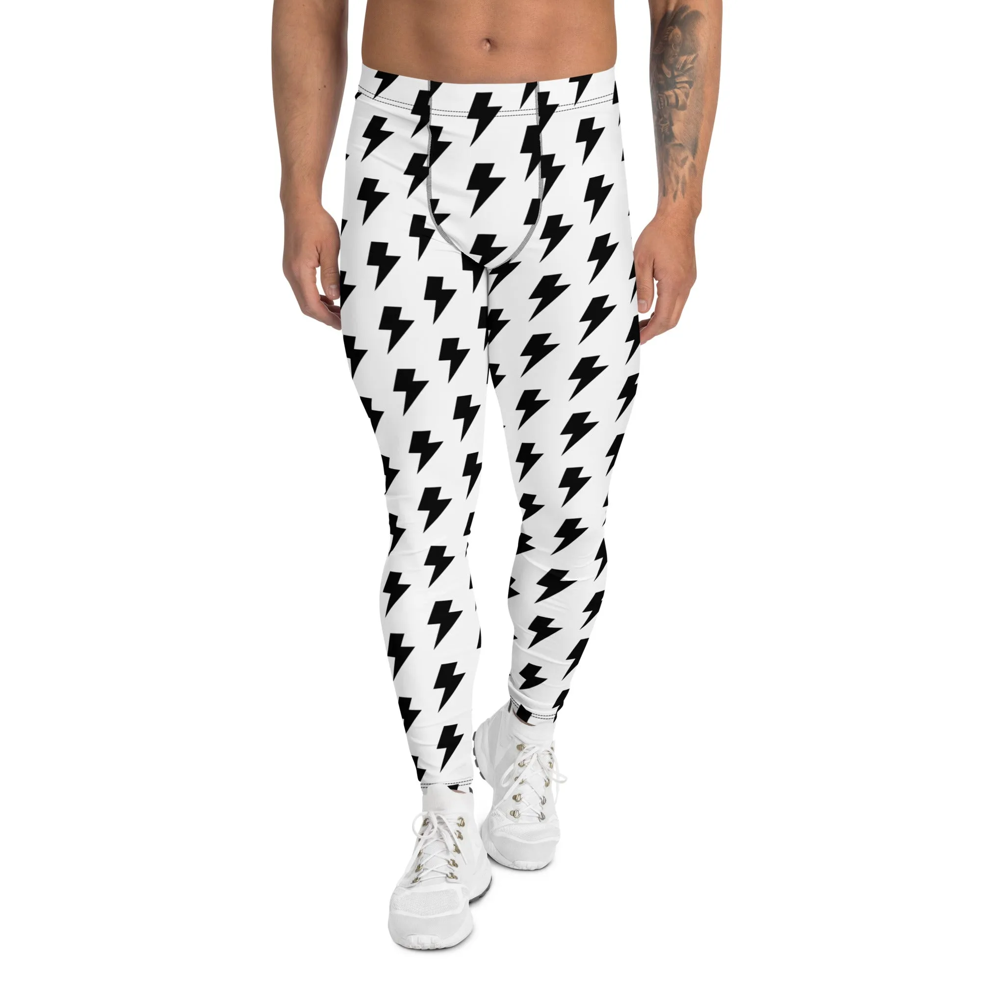 White Lightning Men's Leggings, Lightning Pattern Abstract Designer Running Compression Tights For Men - Made in USA/EU/MX