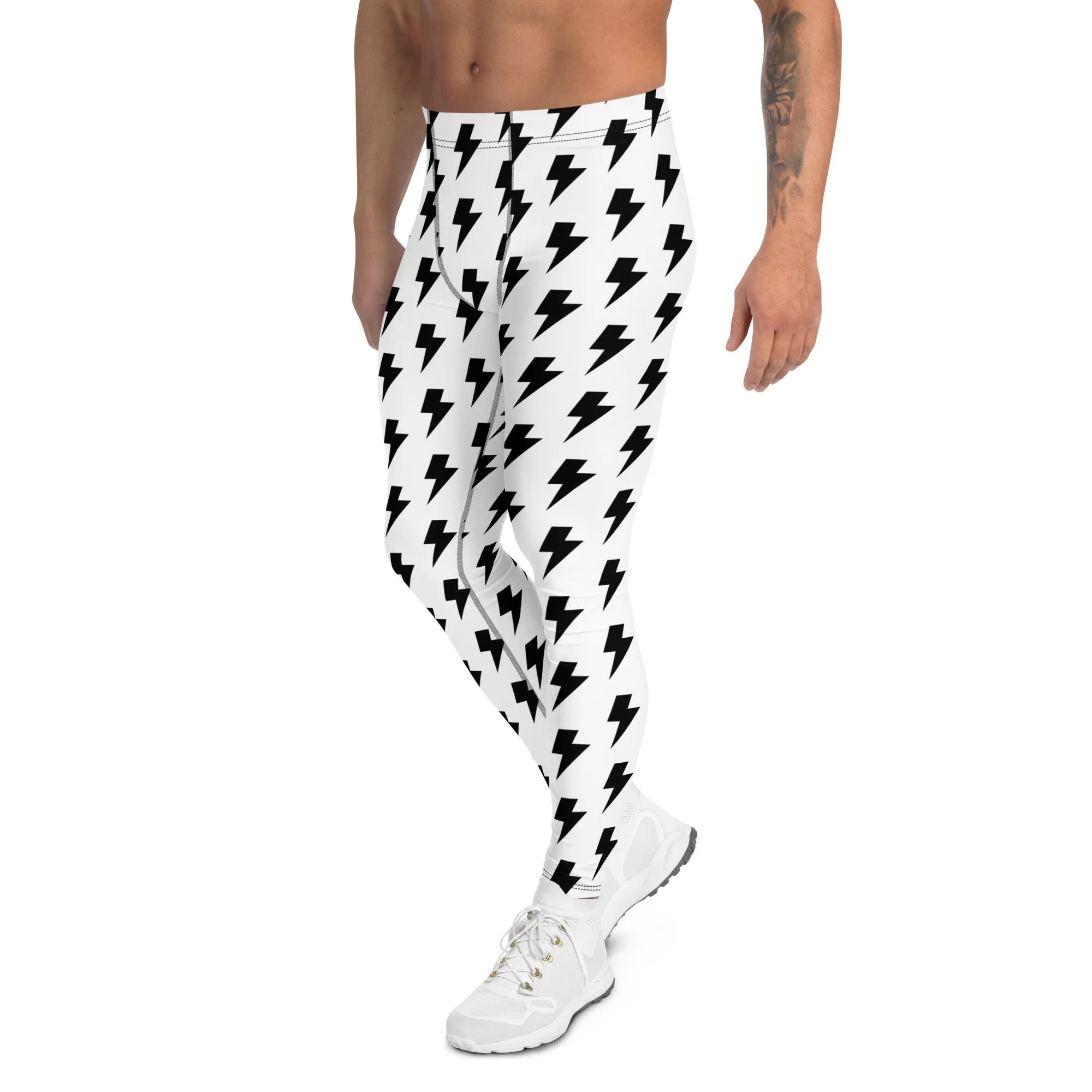 White Lightning Men's Leggings, Lightning Pattern Abstract Designer Running Compression Tights For Men - Made in USA/EU/MX