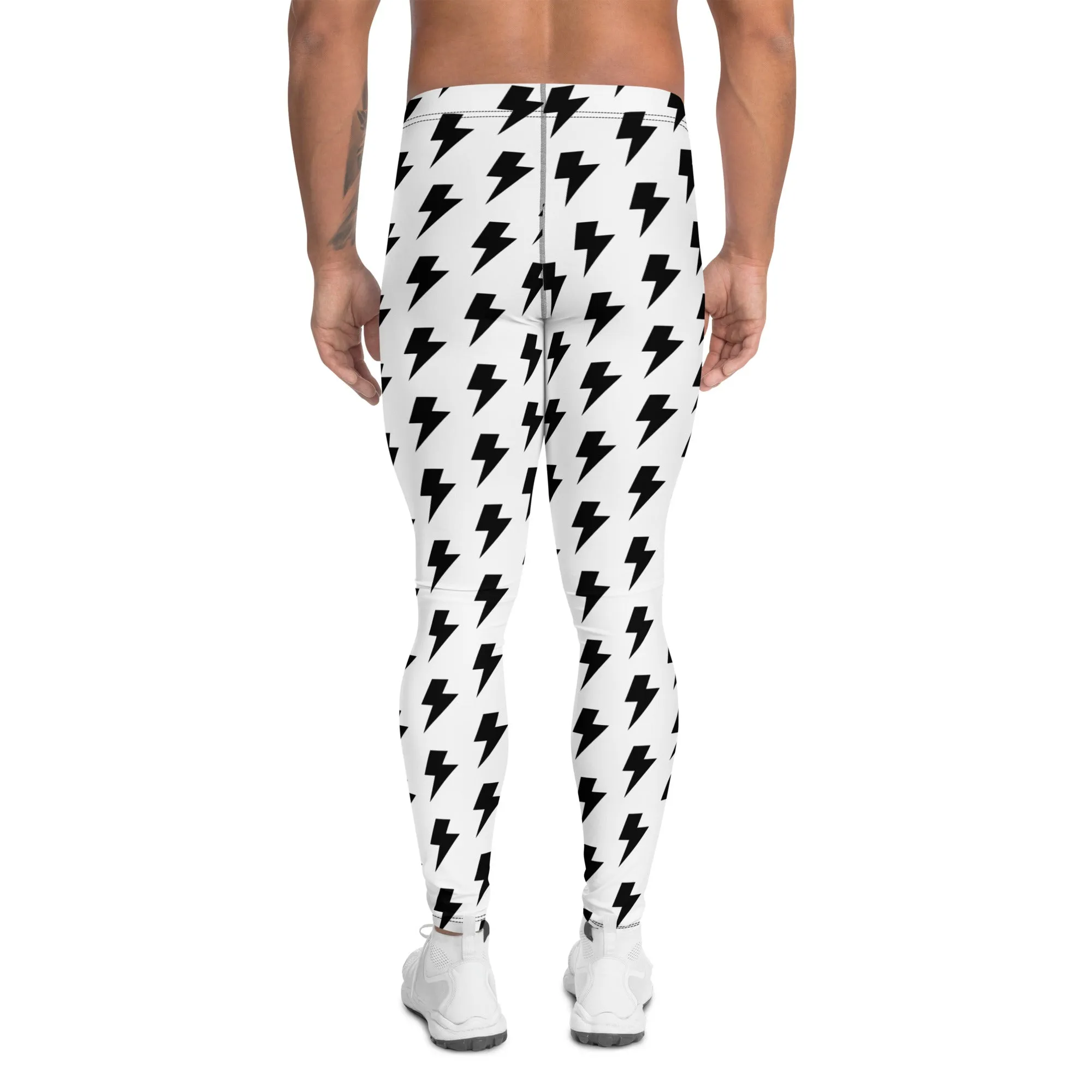 White Lightning Men's Leggings, Lightning Pattern Abstract Designer Running Compression Tights For Men - Made in USA/EU/MX