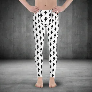 White Lightning Men's Leggings, Lightning Pattern Abstract Designer Running Compression Tights For Men - Made in USA/EU/MX