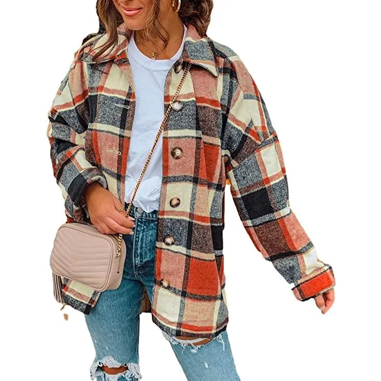 Women's Casual Woolen Long Sleeve Button Down Plaid Jacket