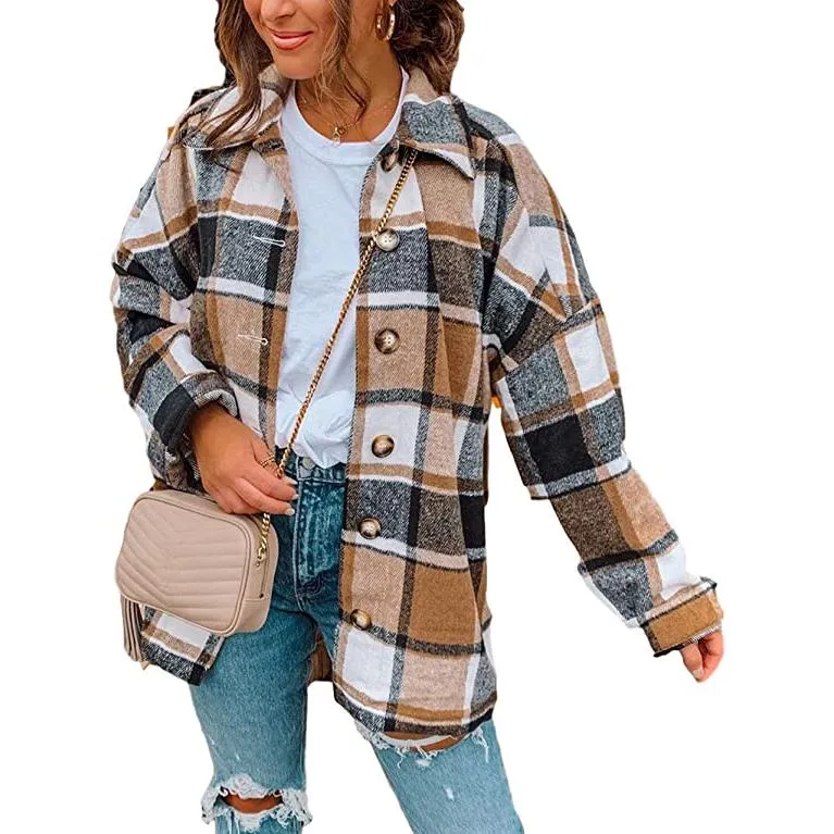 Women's Casual Woolen Long Sleeve Button Down Plaid Jacket