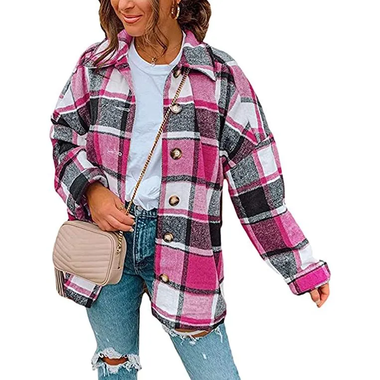 Women's Casual Woolen Long Sleeve Button Down Plaid Jacket