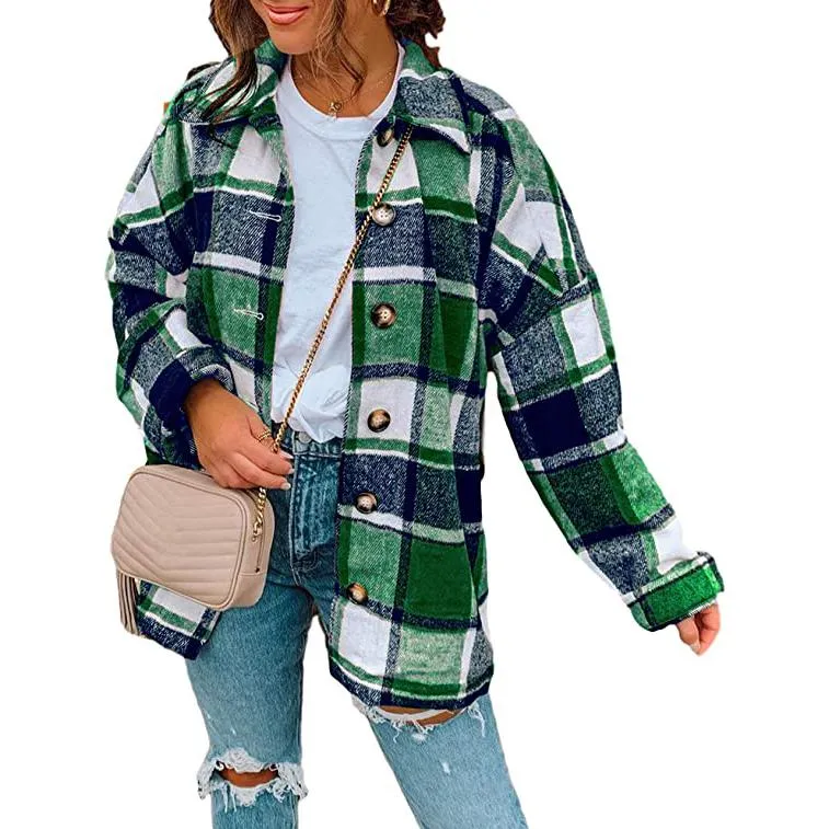 Women's Casual Woolen Long Sleeve Button Down Plaid Jacket