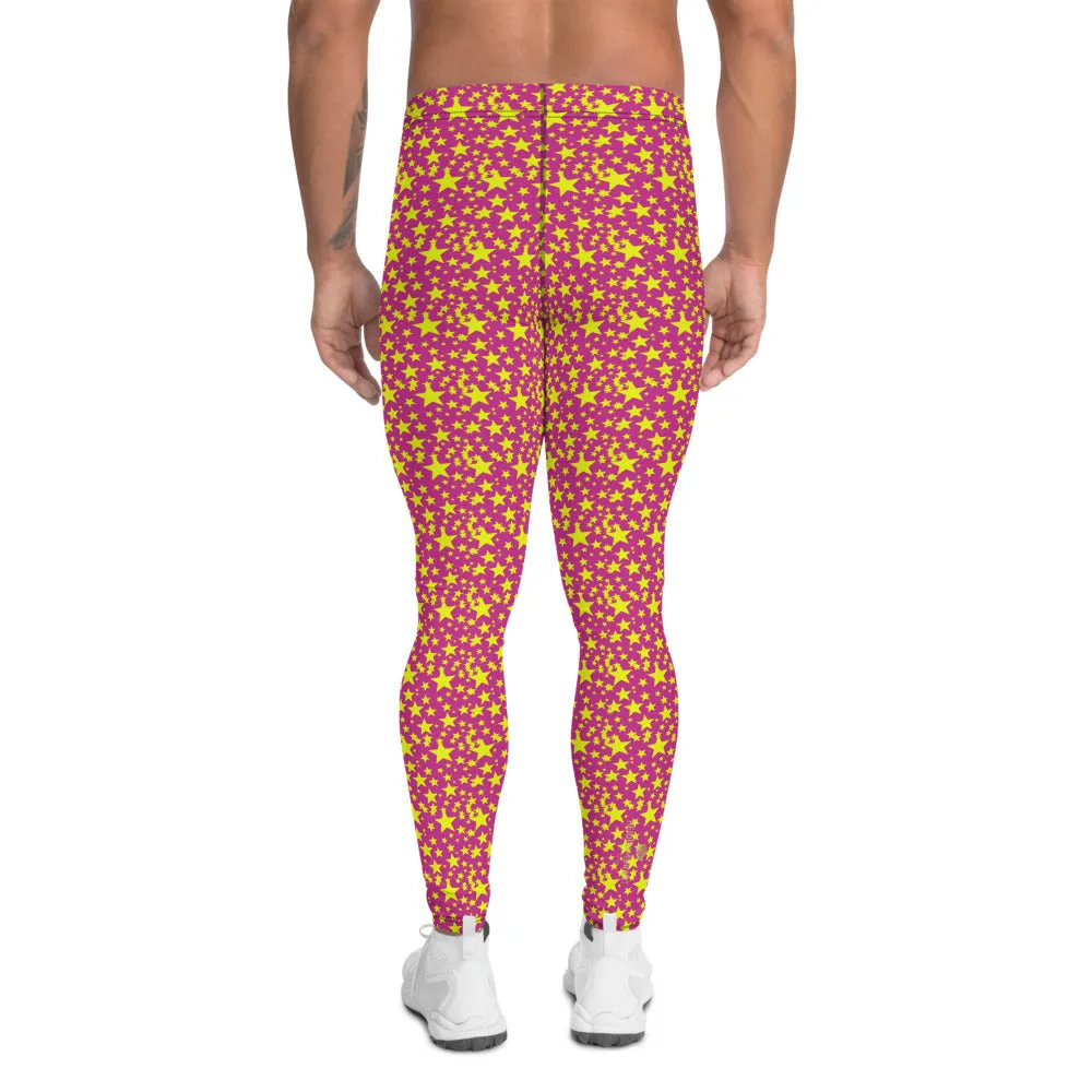 Yellow Star Pink Men's Leggings, Sexy Starry Night Sexy Tights Meggings-Made in USA/EU