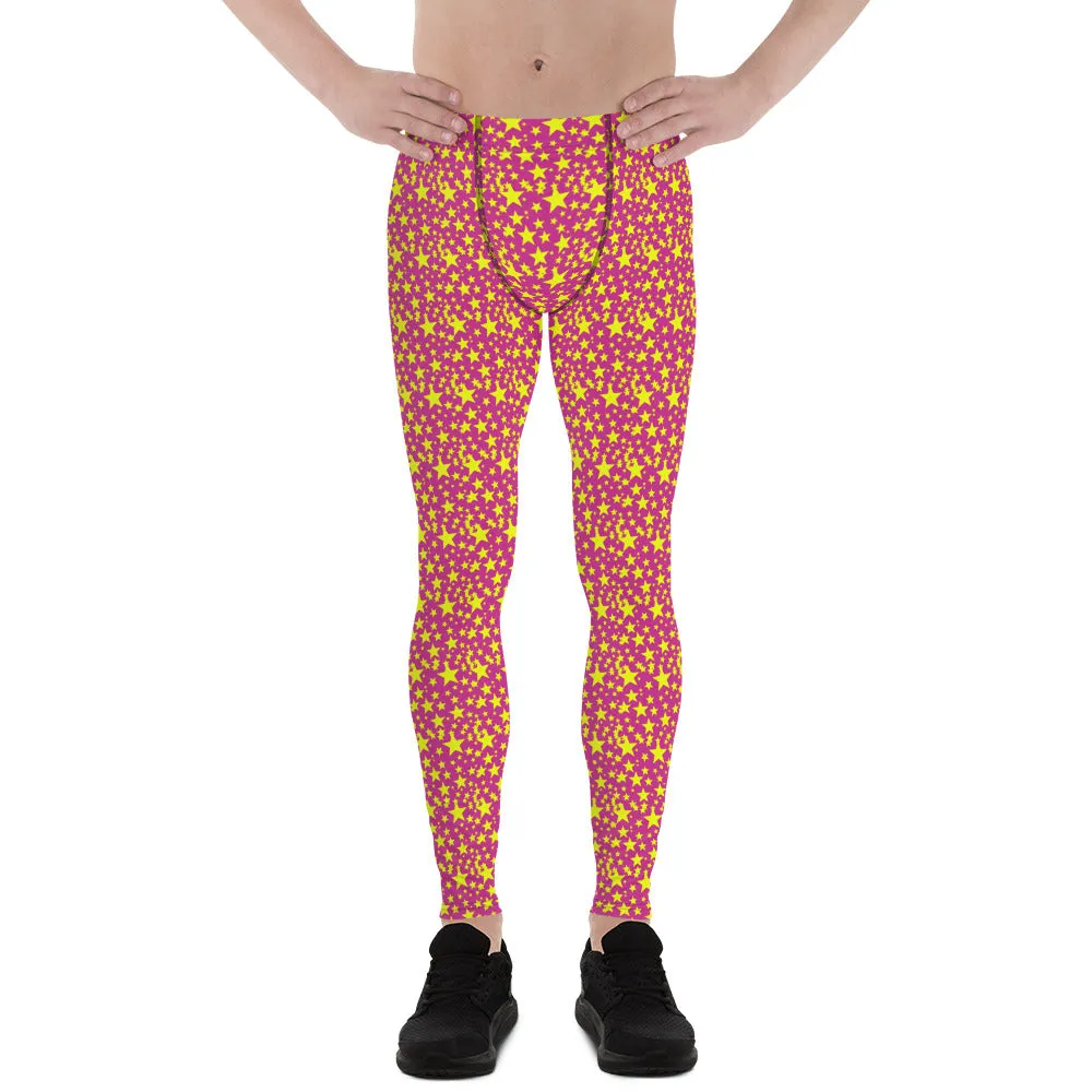 Yellow Star Pink Men's Leggings, Sexy Starry Night Sexy Tights Meggings-Made in USA/EU