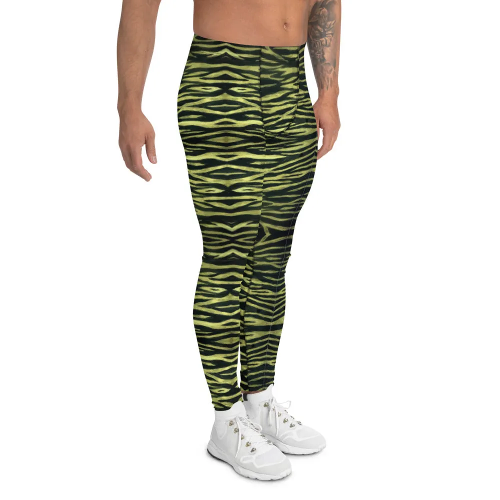 Yellow Tiger Striped Men's Leggings, Animal Print Wild Festival Party Meggings-Made in USA/EU/MX