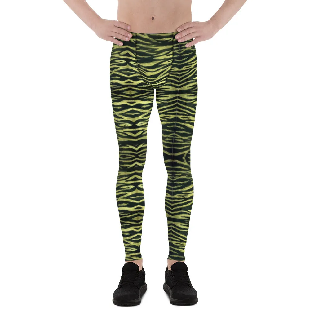 Yellow Tiger Striped Men's Leggings, Animal Print Wild Festival Party Meggings-Made in USA/EU/MX